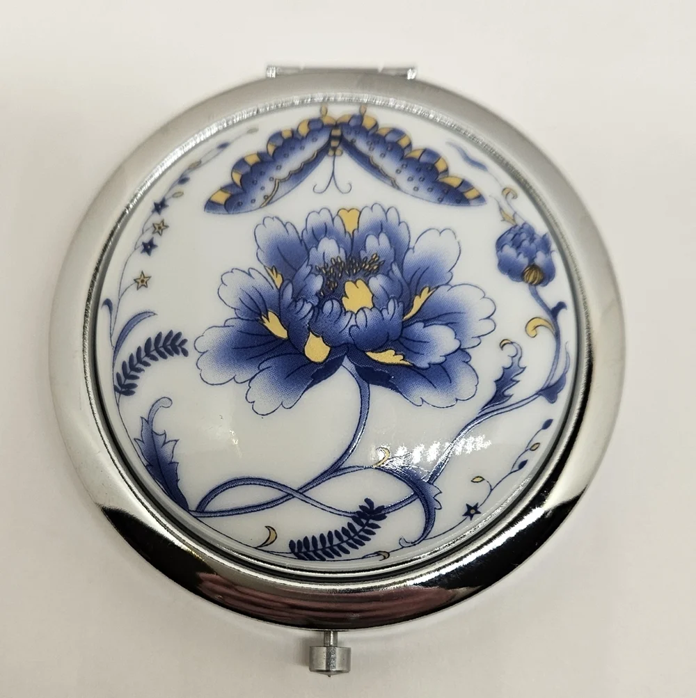 Flower Butterfly Compact Mirror Genuine Porcelain Blue White Make Up